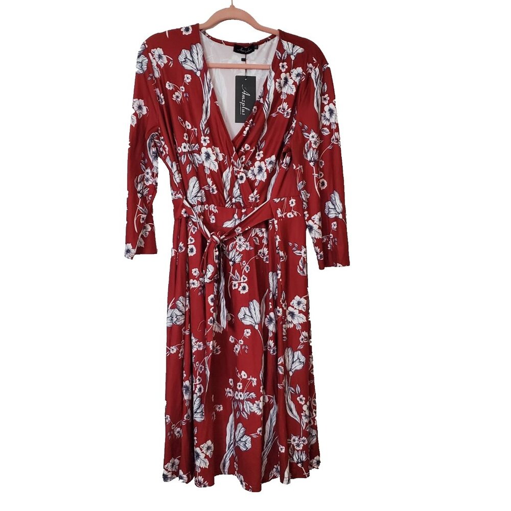 Women's Dress Size XXL Floral Burgundy Faux Wrap Soft
